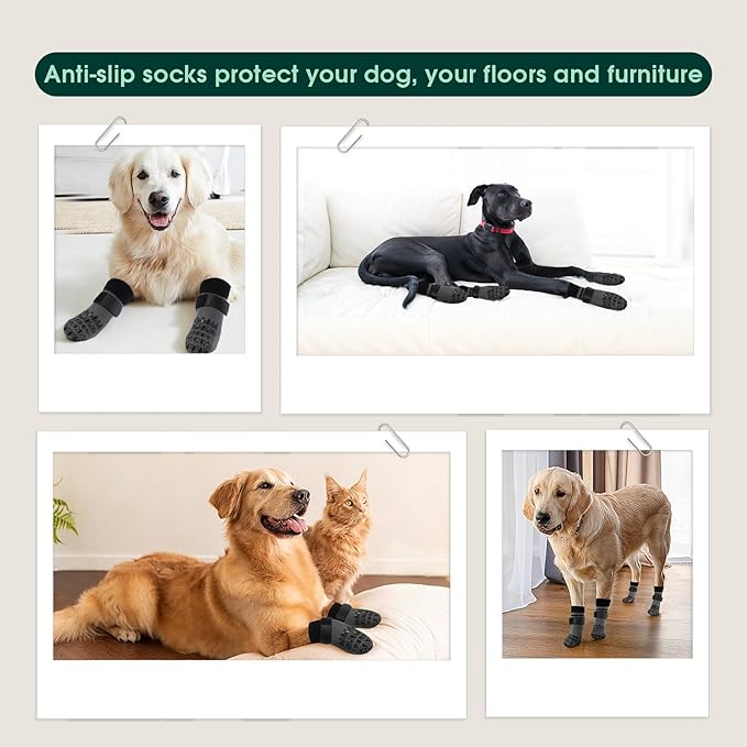 Kuoser Non Slip Dog Socks for Hardwood Floors,4Pack Anti-Slip Dog Grippy Socks to Prevent Licking Paws,Dogs Booties Paw Protectors with Double-Sided Traction for Small Medium Large Senior Dogs,Gray S