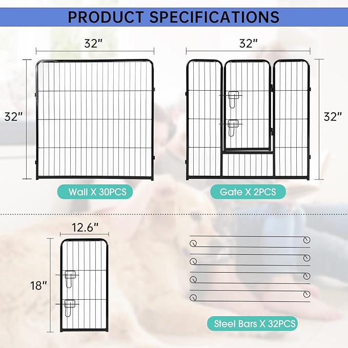 BestPet | Dog Playpen | 32 Inch, 32 Panels | Heavy Duty Metal Pet Exercise Pen | Indoor Outdoor Fence Panels | Rust-Resistant, Removable, Tool-Free Setup | Anti-Skid, Expandable Design