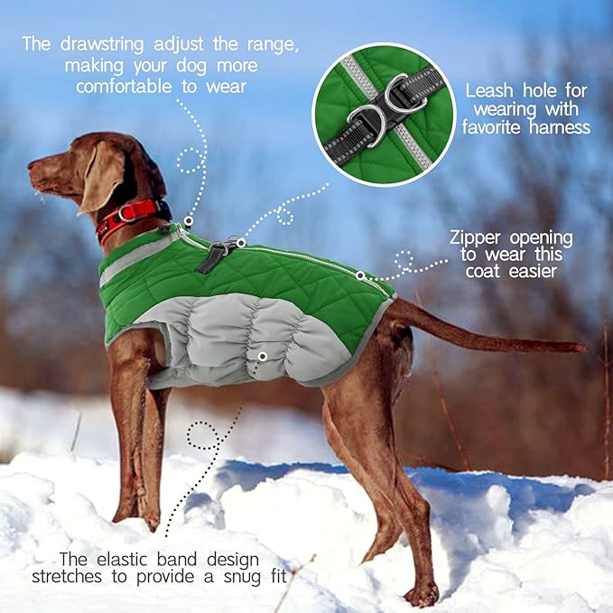 FUAMEY Dog Coat for Small Dogs,Waterproof Dog Winter Jacket with Harness Built in Puppy Cold Weather Coats Reflective Pet Vest with Zipper Warm Fleece Dogs Snowsuit Windproof Green XS