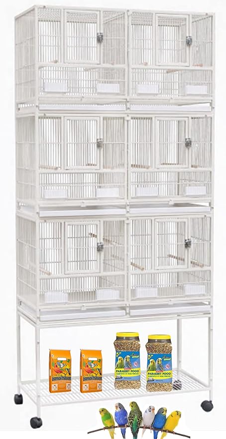 1/2/3-Combo Stacker Center Divided Breeder Breeding Bird Flight Double Rolling Cage for Aviaries Canaries Cockatiels Lovebirds Finches Budgies Small Parrots (White Vein, Three Stacker)