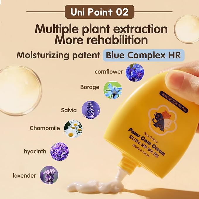 UNIPAWS Probiotic Moisturizing Cream for Dogs & Cats – Organic & Lick-Safe Relief for Dry, Cracked, Itchy Paws, Noses, Elbows & Ears – Skin-Care, Non-Greasy Formula, Made in Korea, 2.1 oz / 60g