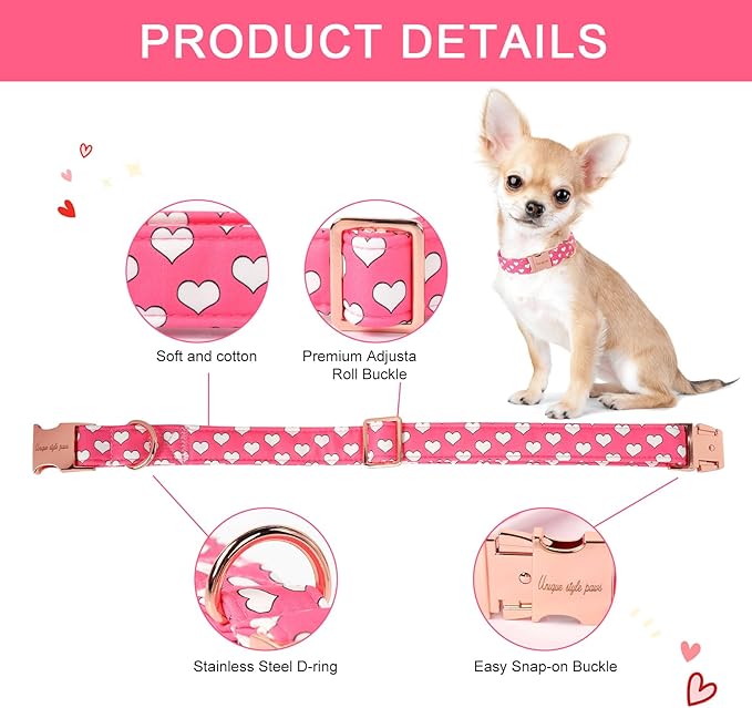Unique style paws Dog Collar Metal Buckle Collar for Valentine's Day Gift Pink Heart Love for Small Medium Large Boys Girls Dogs