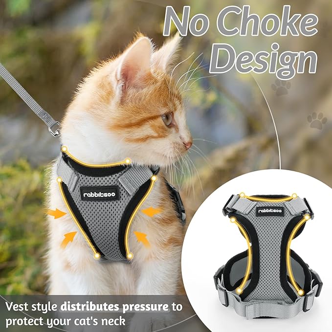 rabbitgoo Cat Harness and Leash for Walking, Escape Proof Soft Adjustable Vest Harnesses for Cats, Easy Control Breathable Reflective Strips Jacket, Grey, XXS