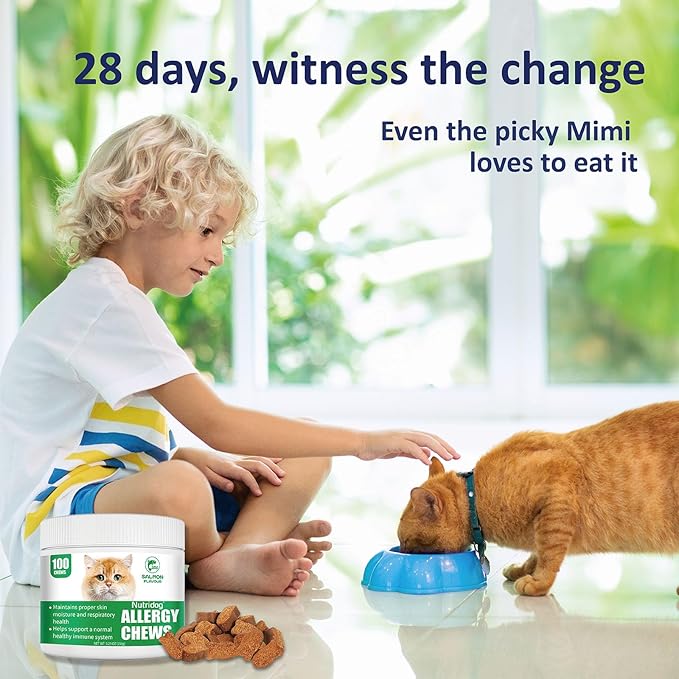 Cat Allergy Relief Chews, Skin & Immune Support for Cats - Salmon Flavor Soft Chews with Colostrum, Probiotics 300M CFU, Omega 3 - Itchy Skin & Paw Licking Remedy, 100 Count