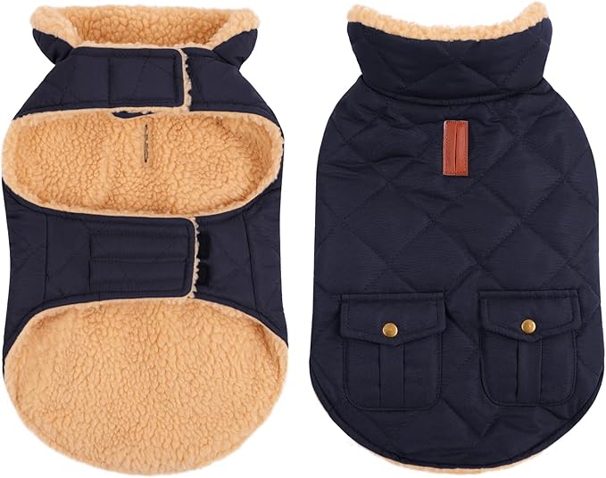 Queenmore Warm Puffer Dog Coat, Quilting Winter Jacket Ultra Thick Plush Lining with Storage Pockets (Dark Navy, X-Large)