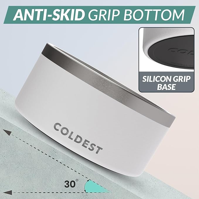 Coldest Dog Bowl - Anti Rust Metal, Non Slip, 3 Layers Insulated Stainless Steel Dog Bowls - Spill Proof & Heavy Duty - Water Bowl for Dogs, Cats & Pets, Dish Washer Safe (200 oz, Epic White)