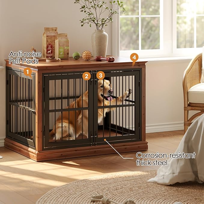 42 in Solid Wood Dog Crate Furniture for Dogs-Dog Kennel Indoor for End Table, Chew-Proof and Silent Latches Design for Large and Medium Dogs, Dog Kennel Furniture-(Brown+Black)