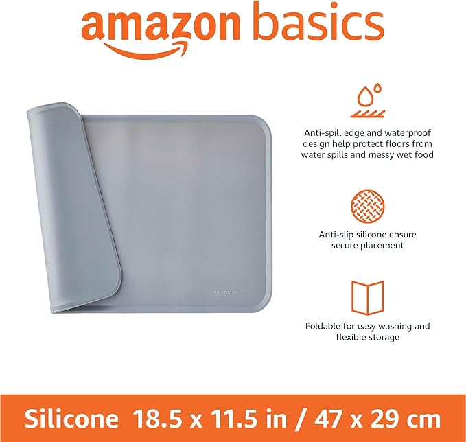 Amazon Basics Waterproof Anti-Slip Silicone Cat & Dog Food Mat, Pet Mats with Raised Edges for Food and Water Bowl to Protect Floors, 18.5 x 11.5 Inches, Gray, Solid
