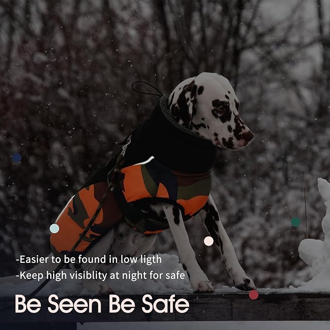 IECOii Extra Warm Dog Coat - Adjustable Winter Jacket with Buckle, Fleece Turtleneck, Reflective Accents, Orange Camo for Small to Extra Large Dogs