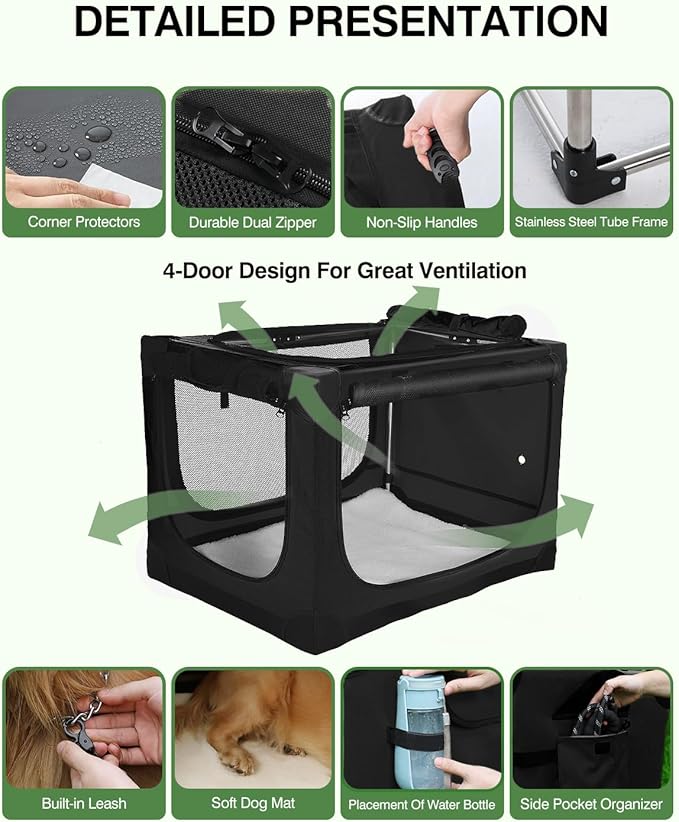 42 Inch Collapsible Travel Dog Crate for Medium Large Dogs, Portable Dog Crate 4-Door Foldable Soft Kennel with Durable Mesh Windows for Indoor & Outdoor Travel, with Storage Bag,Black