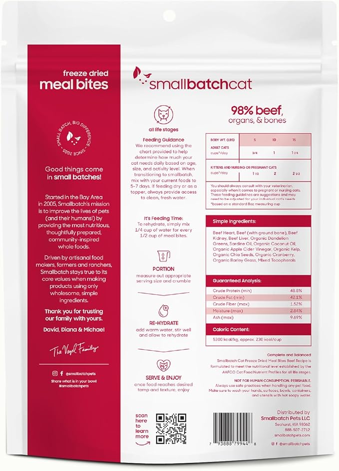 smallbatch Freeze-Dried Raw Cat Food, Shelf Stable Food Bites, Beef Recipe, High Protein Meal or Topper for Cats, Humanely Raised Meat, Organic, Non-GMO Produce, Made in The USA, 10oz Bag