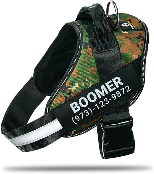 Personalized No-Pull Dog Harness with Name Patch, Adjustable, Reflective, Padded, Heavy Duty Pet Vest to Prevent Tugging, Pulling, or Choking, Training and Walking, Military Green, M