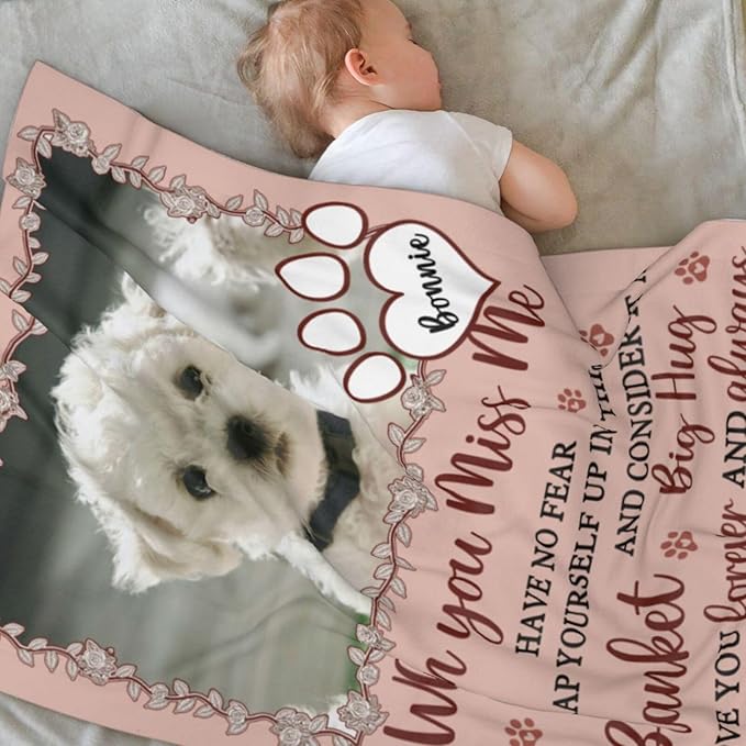 Custom Pet Memorial Blanket with Photo,Personalized Dog/Cat Loss Sympathy Gift,Pet Loss Bereavement Remembrance Gifts,Flannel Throw Blanket with Pictures (Peach Pink)