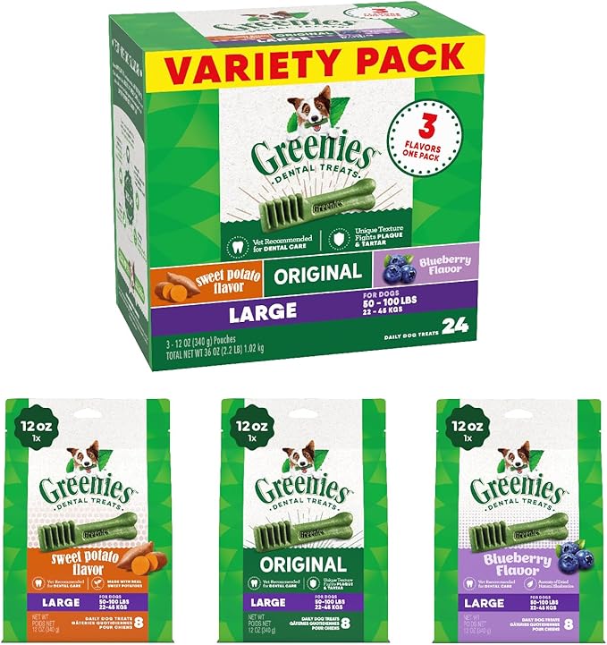 Greenies Large Dental Dog Treats, 3-Flavor Variety Pack, (3) 12 oz. Pouches, 24 Total Treats