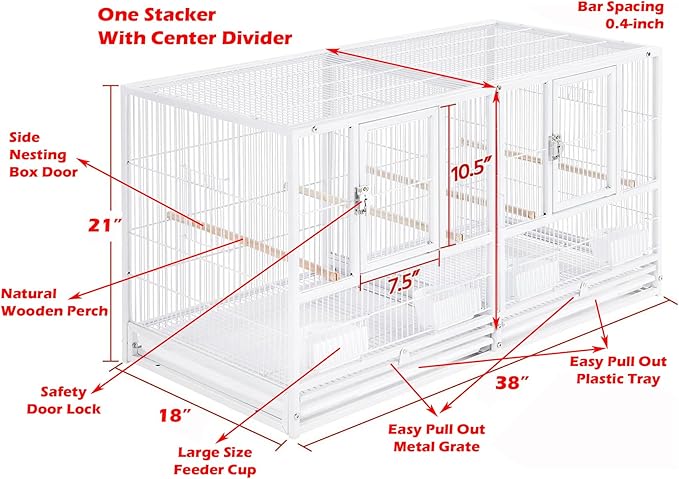 Single Stackable Center Divided Breeder Breeding Bird Flight Double Rolling Cage for Aviaries Canaries Cockatiels Finches Budgies Small Parrots Single Story
