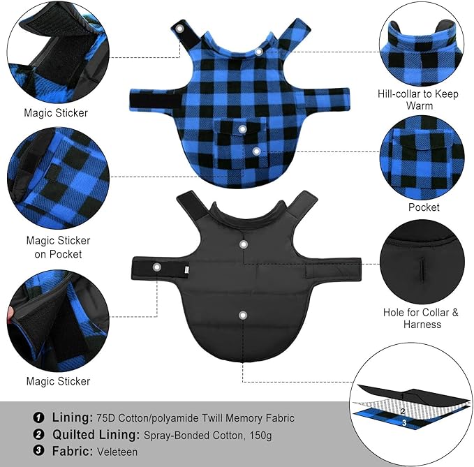 ASENKU Dog Winter Coat, Fleece Doggie Jacket Plaid Reversible Vest Waterproof Windproof Cold Weather Clothes for Small Medium Large Dogs (XS, Blue)