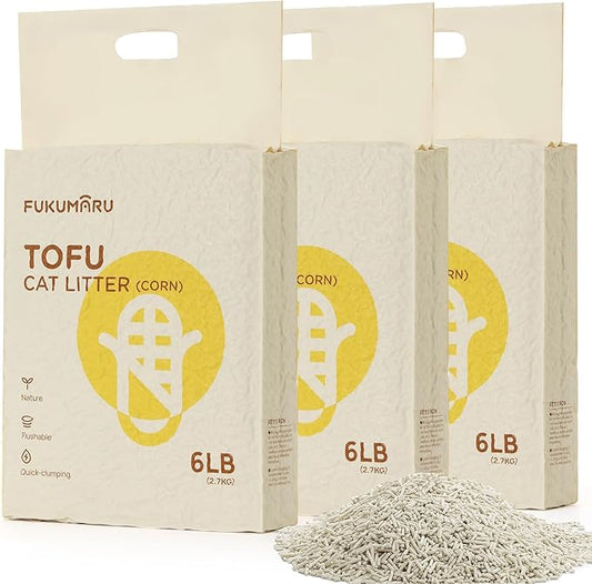 FUKUMARU Tofu Cat Litter, 100% Natural Ingredients Litter, Flushable, Dust Free, Quick Clumping, Lightweight, Low Tracking Cat Litter Pellets, Effective Odor Control, Unscented, 18 LBS (3 Packs)