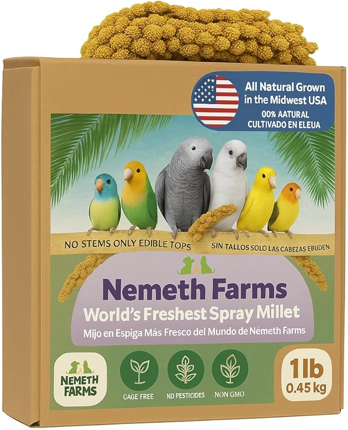 Nemeth Farms Premium Non-GMO Spray Millet Treat | Hand-Harvested Bird Snack | 100% Edible Tops | Sun-Dried Supplement for Parakeets, Cockatiels, Finches, Lovebirds, Canaries