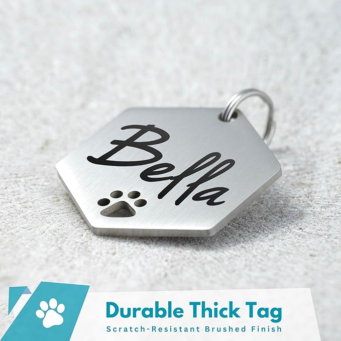 Ultra Joys Dog Tags Personalized for Pets - Hollow Paw Custom Pet ID Tag - Engraved Dog Tag for Small, Large Dogs - Small Hexagon in Silver