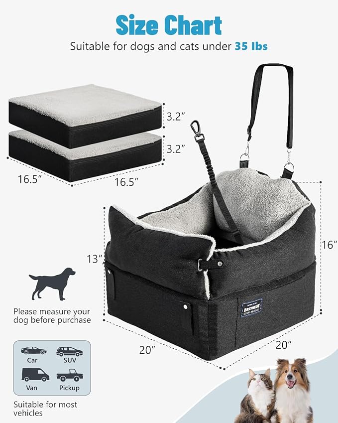 EASTBLUE Dog Car Seat for Small Medium Dogs Up to 35 lbs, Memory Foam Dog Booster Car Seat with Seatbelt, Detachable Washable Pet Carseat for Puppy & Cat, Dogs Travel Bed for Cars (Black/Grey)