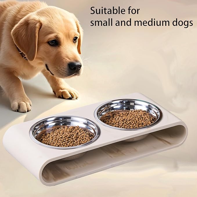 Beige Marble Elevated Dog Bowls Set - 2 Thick 6" Stainless Steel Puppy Food Bowl with Non-Slip Raised Holder Stand, Double Feeding Bowls for Food and Water, Suitable for Cats and Small Medium Pet