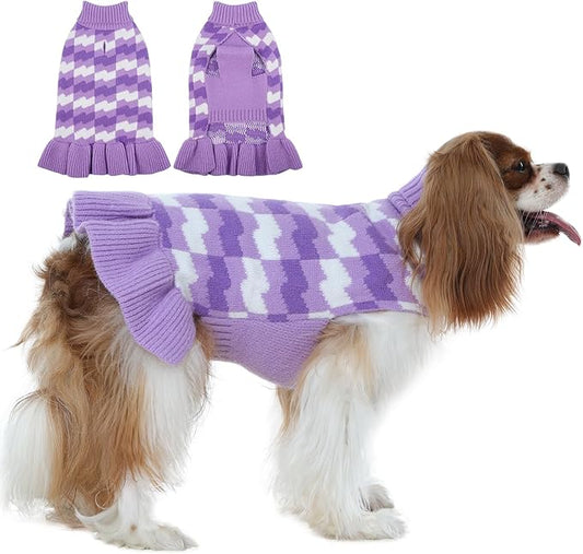 Girl Dog Sweater Dress for Small Medium Dogs,Dog Sweater Dress with Leash Hole, Thick Turtleneck Knitwear for Female Dogs, Cute Warm Fall Winter Pet Knitted Dress for Cold Weather, Christmas-M