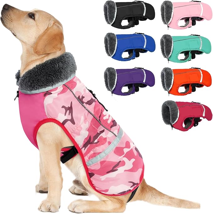 QBLEEV Warm Dog Coat Reflective Jacket, Waterproof Dog Winter Coat Turtleneck Puppy Clothes for Cold Weather, Thick Fleece Pet Snowsuit Christmas Vest Apparel for Small Medium Large Dogs S