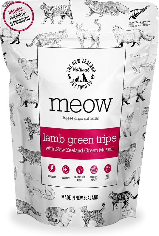 The New Zealand Natural Pet Food Co MEOW Freeze Dried Cat Treats - Lamb Green Tripe with New Zealand Green Mussel, High Protein, Healthy Cat Snacks and Toppers, All Natural for all Life Stages, 1.4 oz