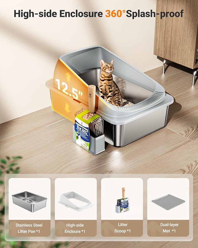 Stainless Steel Cat Litter Box with Scoop, Metal Litter Box High Sided, Cat Litter Box Enclosure, XL Extra Large High-Sided Litter Boxs (Anti-Urine Leakage, Include Scoop) (Grey)