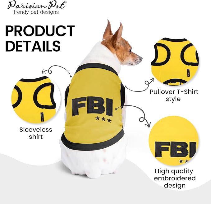 Parisian Pet Dog T-Shirt - Embroidered FBI Tank Top - 100% Cotton, Breathable Dogs Clothes - Sleeveless Pet Vest - Machine Washable Yellow Tee Shirts for Medium Dogs - M