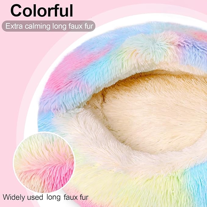 Calming Dog Beds & Cat Cave Bed with Hooded Cover,Removable Washable Round Beds for Small Medium Pets,Anti-Slip Faux Fur Fluffy Coved Bed for Improved Sleep,Fits up to 15/25 lbs(Colorful,S)