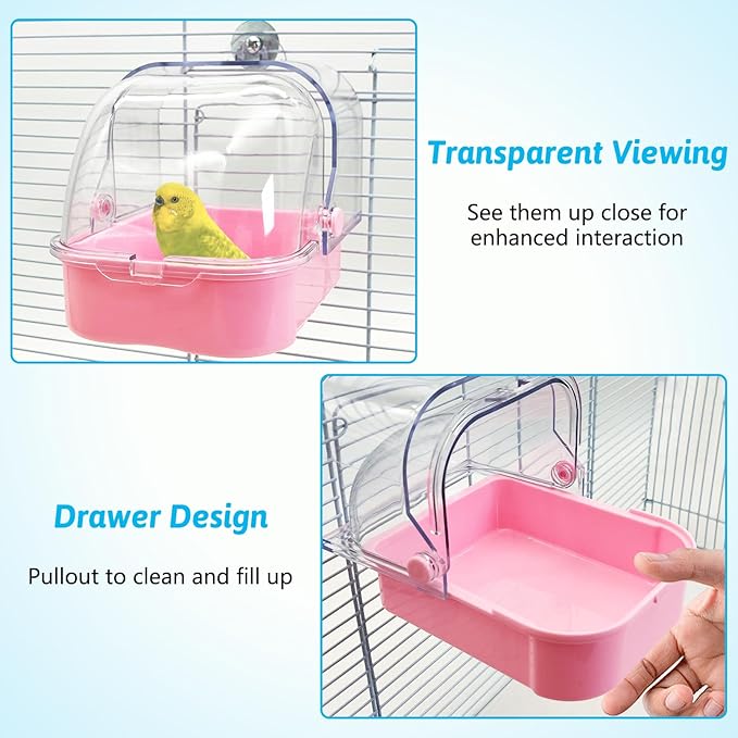 Tfwadmx Bird Cage Bath Hanging Parrot Bath Tub Water Shower Food Feeder Holder Tray Bird Bath Supplies for Small Birds Canary Budgies Cockatiel Lovebirds (Pink)