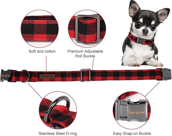 Unique style paws Christmas Dog Collar Metal Buckle Red Black Plaid Puppy Collar Gift Durable Cute Collar for Small Medium Large Boys Girls Dogs