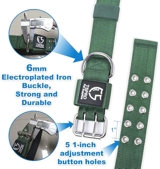 TSPRO Tactical Dog Collar, Adjustable, with Patch & Double Needle Metal Buckle, Heavy Duty for Large to Extra Large Dogs, Durable for Walking, Running, Hiking & Training (Green L-XL)