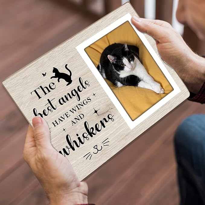 Cat Picture Frame, Cat Memorial Wooden Photo Frame, Pet Remembrance Gift, Sympathy Gift for Pet Owner, Cat Memorial Gifts for Loss of Cat, The Best Angels Have Wings and Whiskers (Beige, 4 x 6 Photo)