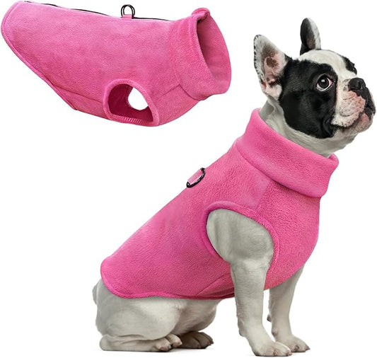 Idepet Dog Fleece Vest Sweater Zip Up Warm Pullover Dogs Jacket with D-Ring Leash Winter Cold Weater Coat Pet Sweatershirt Clothes Hoodie for Small Medium Dogs Boy Girl (Rose Red, S)