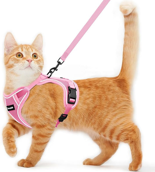 Cat Harness and Leash for Walking Escape Proof Soft Adjustable Cat Leash Breathable Comfortable Vest Easy to Wear Kitten Harness for Outdoor Travel Pink S