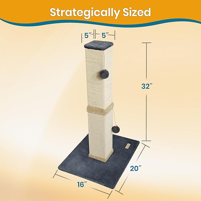 PAWBEE Cat Scratch Post Tower - 32” Tall Cat Scratching Post with Jingle Bells and Plush Balls - Sisal Cat Scratcher with Larger Base for Better Stability - Cat Scratching Posts for Indoor Cats