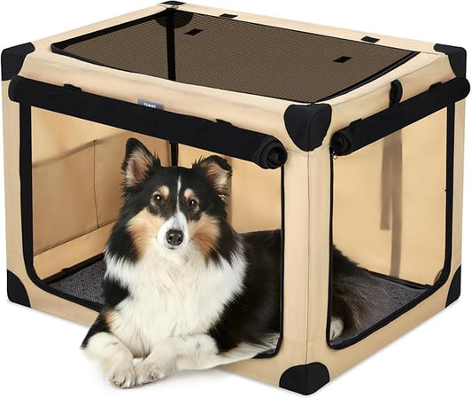 26 Inch Collapsible Travel Dog Crate for Medium Dogs, Portable 4-Door Foldable Soft Kennel with Mat and Durable Mesh Windows for Car & Outdoor, with Storage Bag