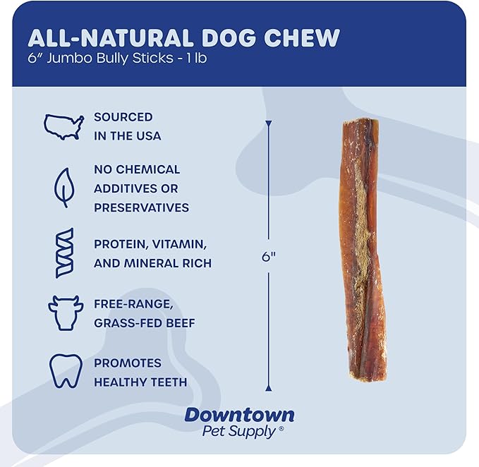 Downtown Pet Supply USA-Made 6", 1 Lb. Jumbo Bully Sticks for Large Dogs - Rawhide Free Dog Chews Long Lasting and Non-Splintering - Single Ingredient, Low Odor Bully Sticks for Medium Dogs