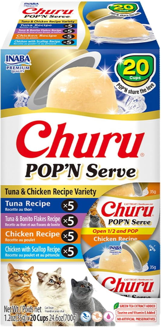 INABA Churu Pop'N Serve Jelly Cat Treat with Vitamin E & Taurine, 1.2 Ounce Cup, 20 Cups, Tuna & Chicken Variety