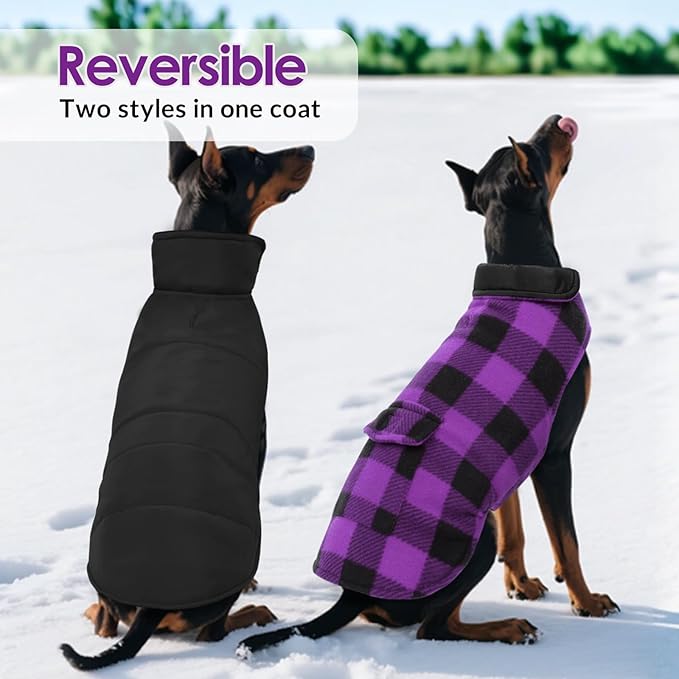 ASENKU Dog Jacket Plaid Reversible Reversible Dog Vest Waterproof Cold Winter Clothes Pet Apparel for Small Medium Large Dogs (3XL, Purple)
