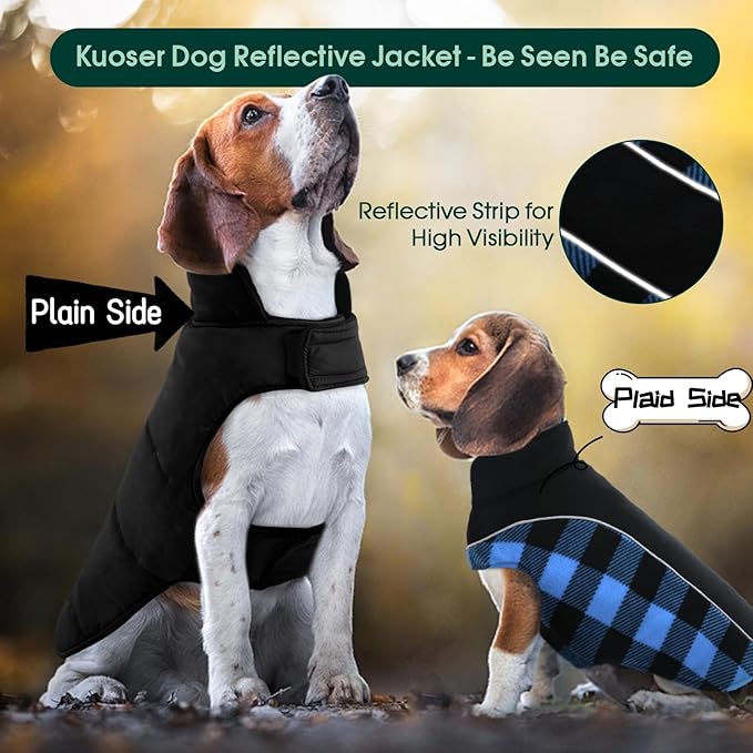 Kuoser Dog Winter Coat, Reversible Waterproof Dog Jacket with Reflective Strip, Warm Dogs Fleece Vest Adjustable Doggy Cold Weather Clothes Plaid Christmas Outfit Pet Apparel for Medium Dogs, Blue M
