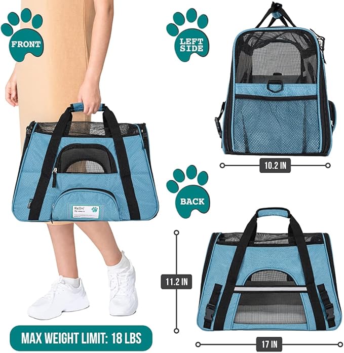 PetAmi Airline Approved Pet Carrier for Cat, Soft Sided Dog Carrier for Small Dogs, Cat Travel Supplies Accessories for Indoor Cats, Ventilated Pet Carrying Bag Medium Large Kitten Puppy, Small Blue