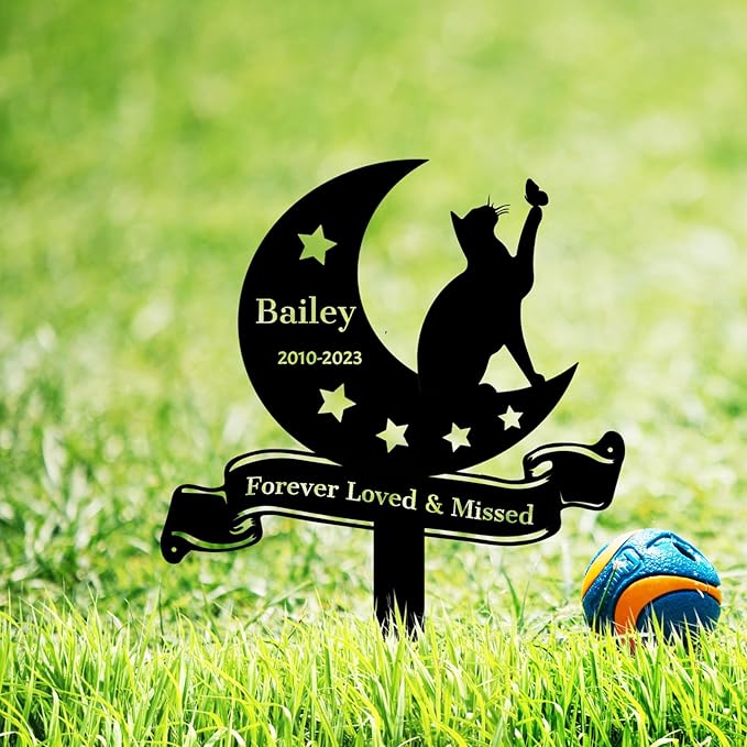 Custom Stars Moon Cat Grave Marker Outdoor, Personalized Metal Cat Memorial Stake Grave Marker, Customized Cat Memorial Statue for Outside Garden Plaque Pet Memorial Marker for Cats