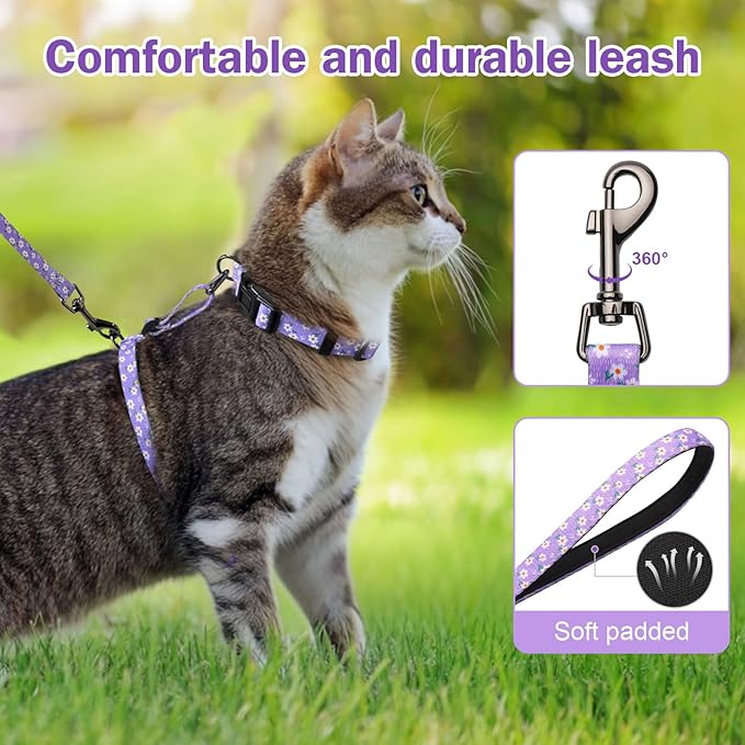 Hikiko Cat Harness and Leash Set Escape Proof Adjustable Walking Travel Cute Girl Kitten Harness for Small Medium Large Cats (Purple Floral, M)