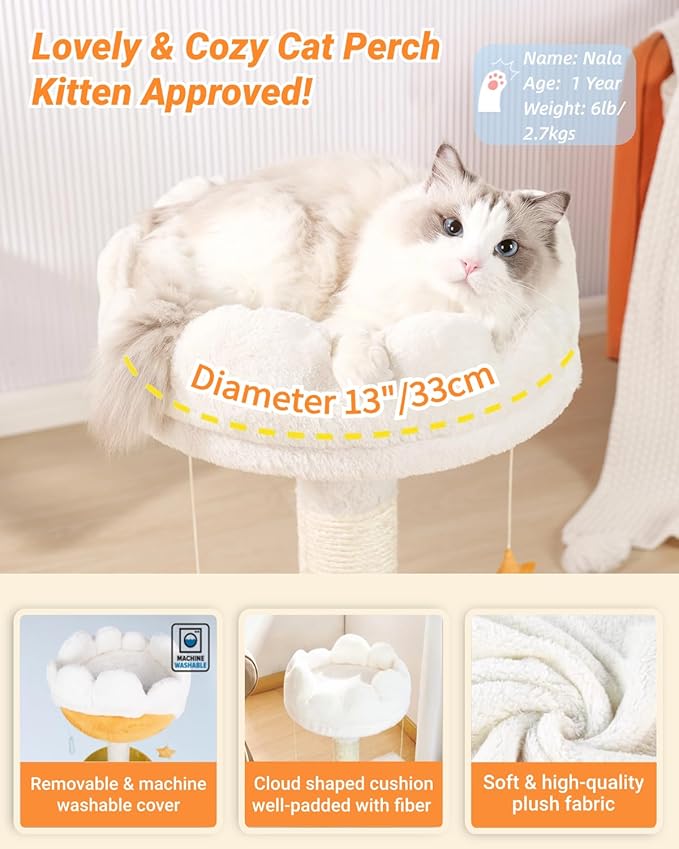 Happi N Pets Cloud Cat Tree, Cat Scratching Post with Bed, Small Cat Tree for Kittens, Cat Scratch Post with Cloud-Shaped Soft Perch & Cute Toys, Removeable Cover, Bonus Catnip