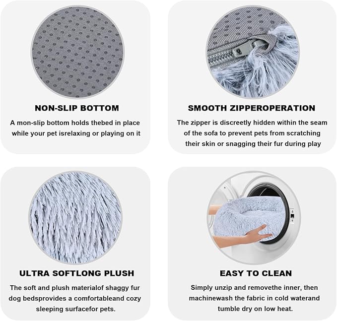 Calming Donut Pet Bed for Cats and Small Dogs, Washable Anti-Anxiety Round Bed with Non-Slip Bottom, [23.62 x 23.62 x 5.9 Inch] Plush Dog Cat Bed for Small Medium Pets (Gray)