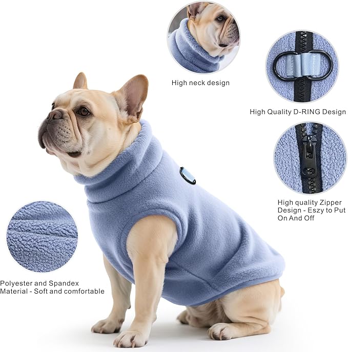 Idepet Dog Fleece Vest Sweater Zip Up Warm Pullover Dogs Jacket with D-Ring Leash Winter Cold Weater Coat Pet Sweatershirt Clothes Hoodie for Small Medium Dogs Boy Girl(Sky Blue,L)