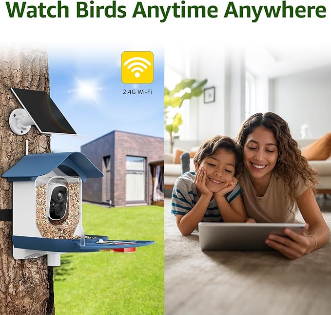 PeckCam® Smart Bird Feeder with Camera 2K HD Auto Detect & Notify, AI Identify 10000+ Birds Camera with Solar Panel 5 Perch Attachments Wireless Outdoor Birdwatching Gift for Birds Lover, Blue